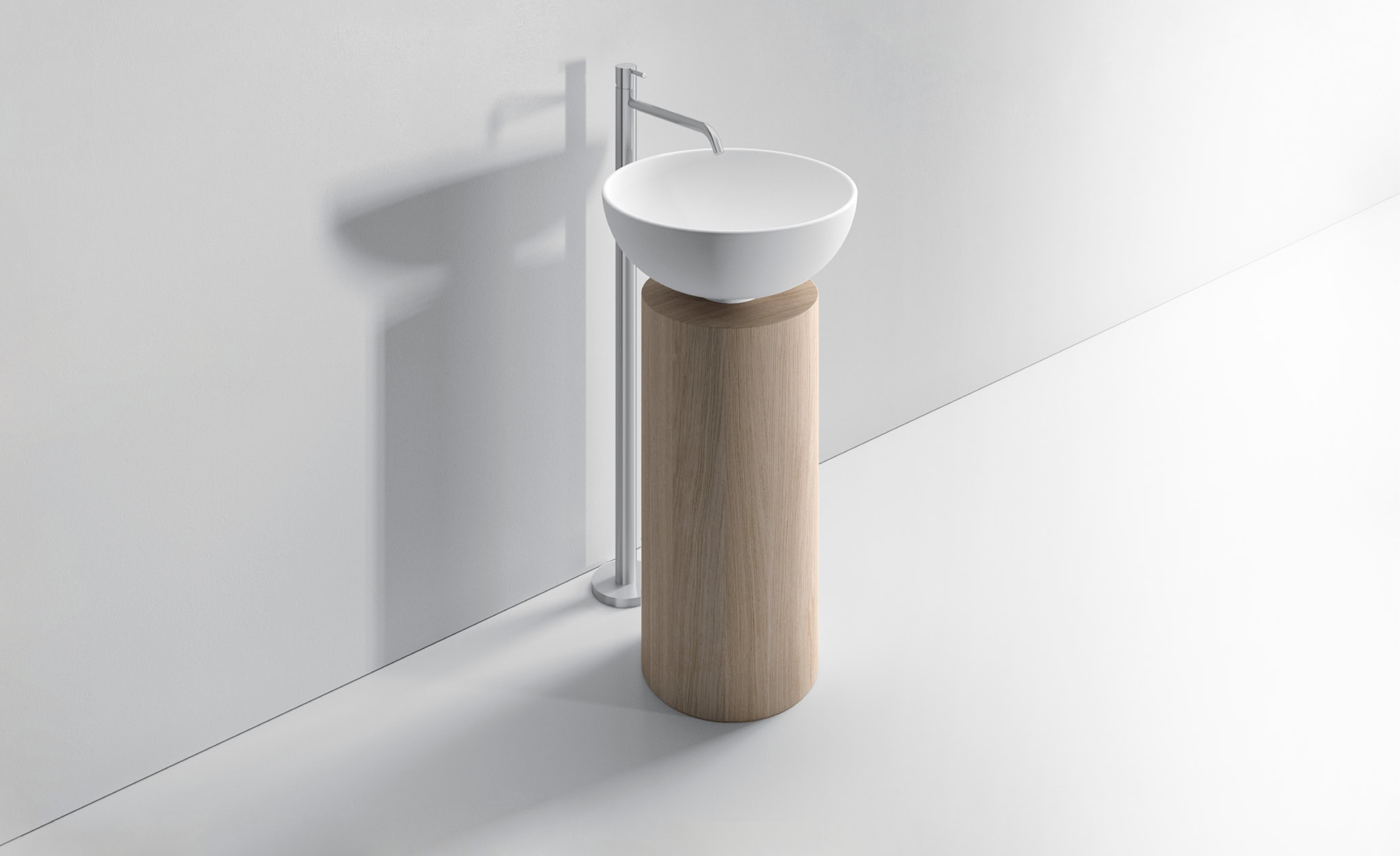 Lavabo minimalista con base in legno e lavabo bianco su sfondo bianco.
