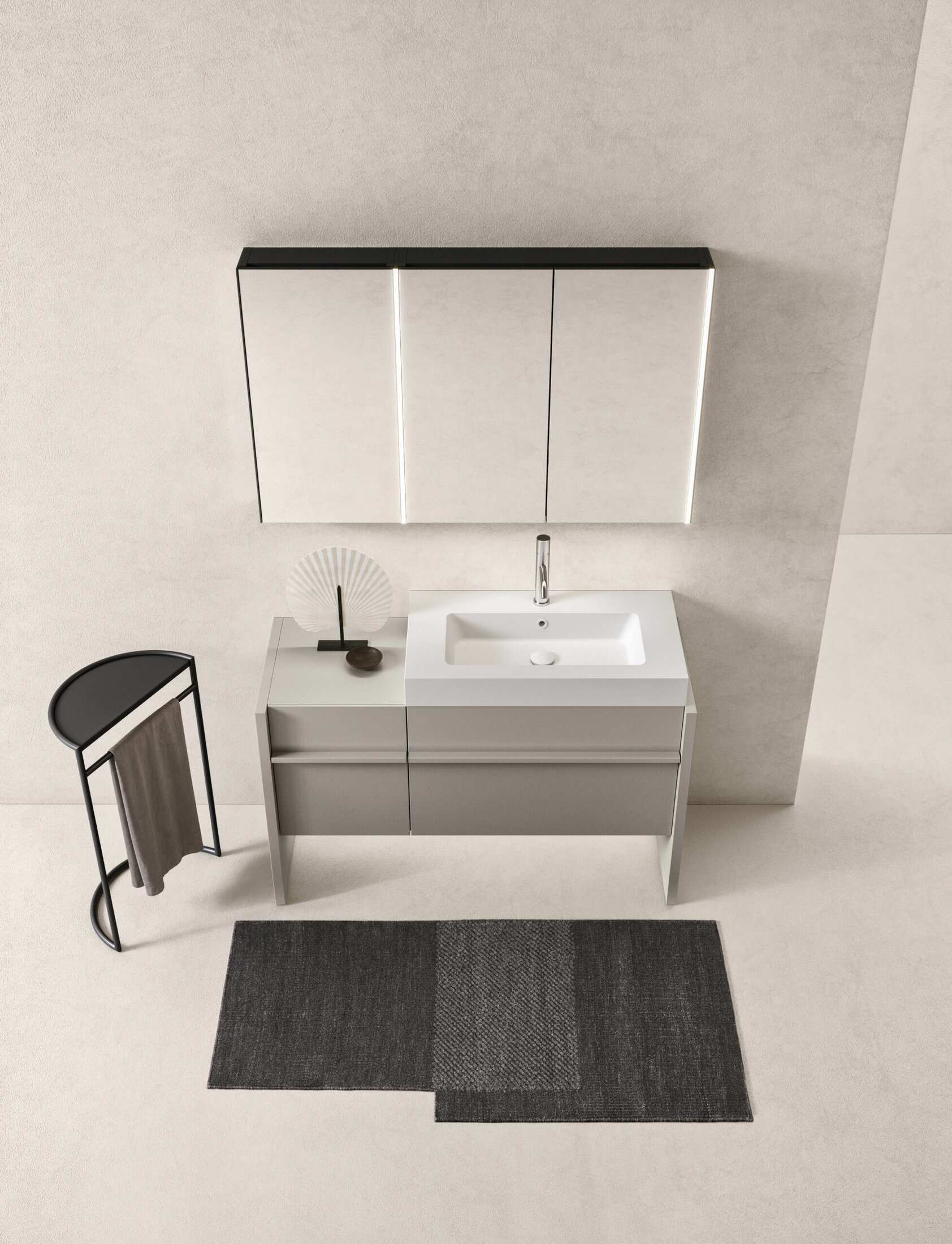 Mobile bagno bianco con lavabo e specchio, design minimalista e funzionale.