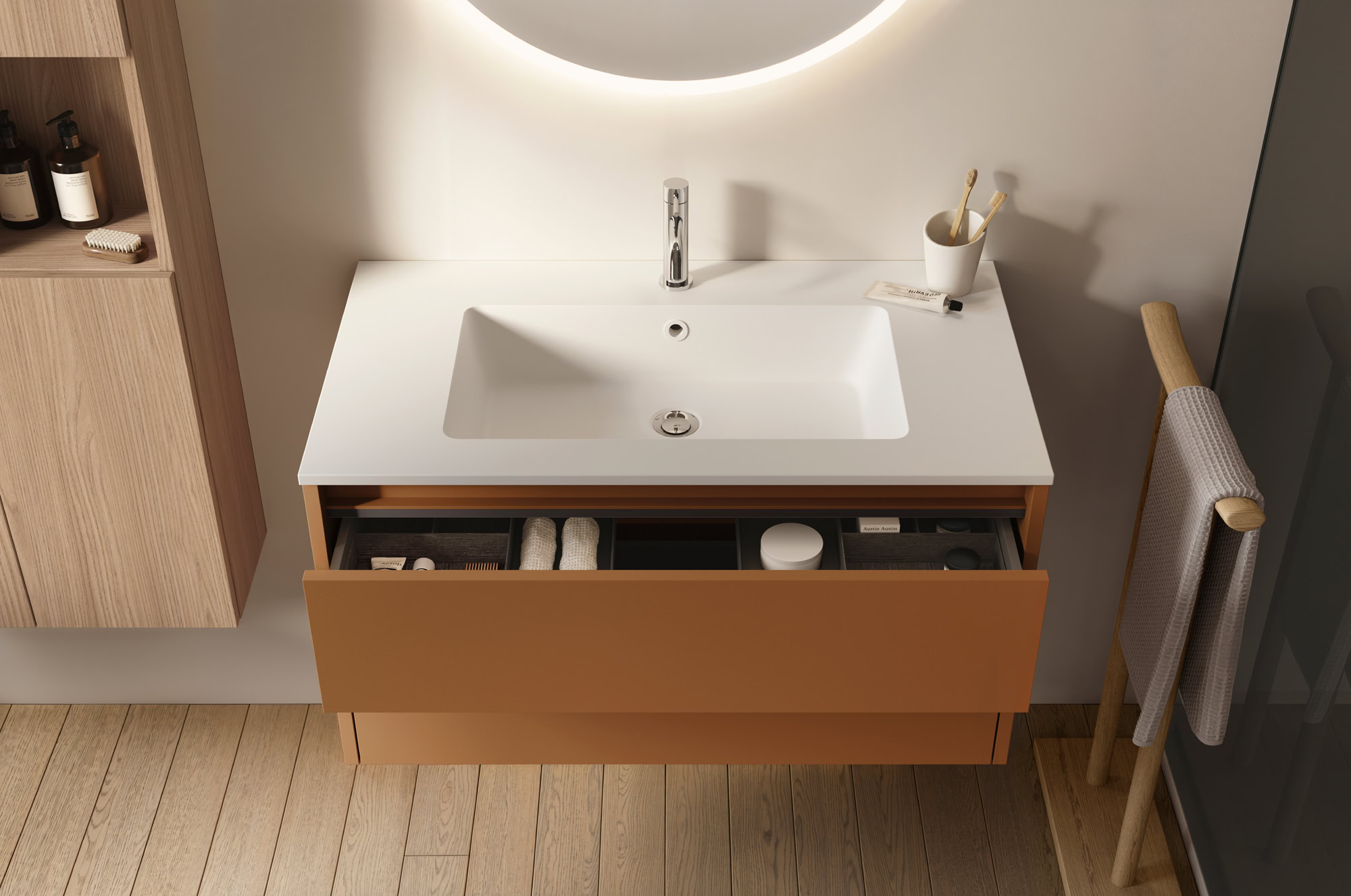 Mobile bagno con lavabo e specchio LED, design minimalista e funzionale.