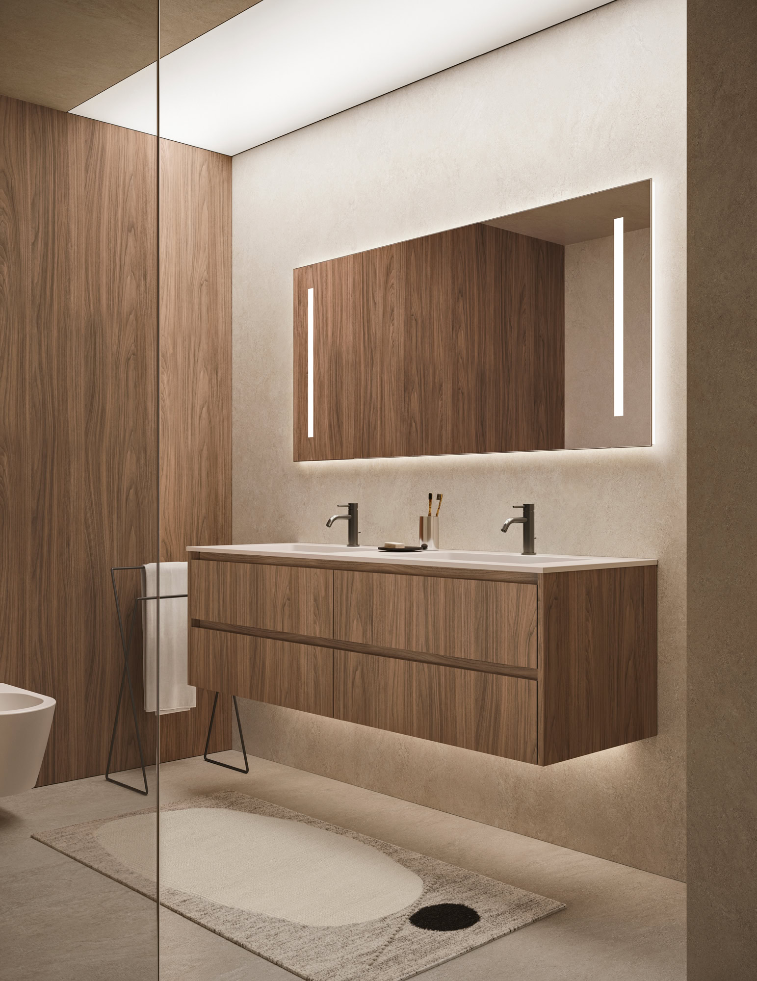 Bagno elegante con mobile in legno e specchio illuminato.