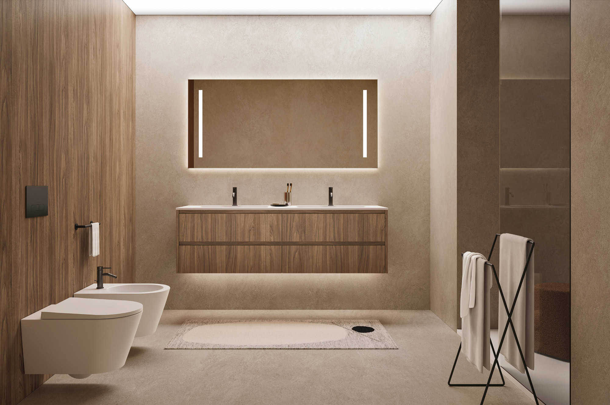 Bagno elegante con lavabo doppio, specchio luminoso e arredi in legno chiaro.