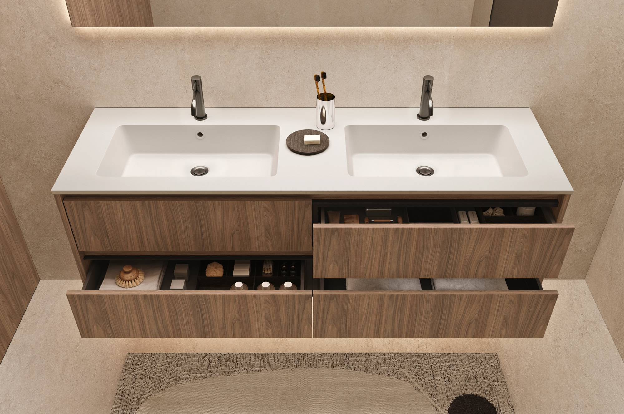 Lavabo doppio in stile moderno con mobile in legno e specchi.