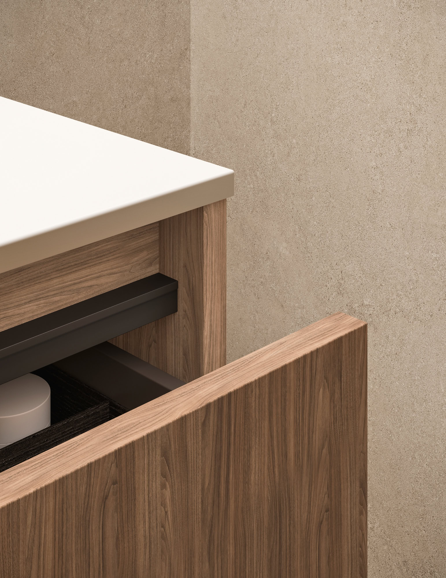 Mobiletto in legno con cassetto aperto e superficie bianca.