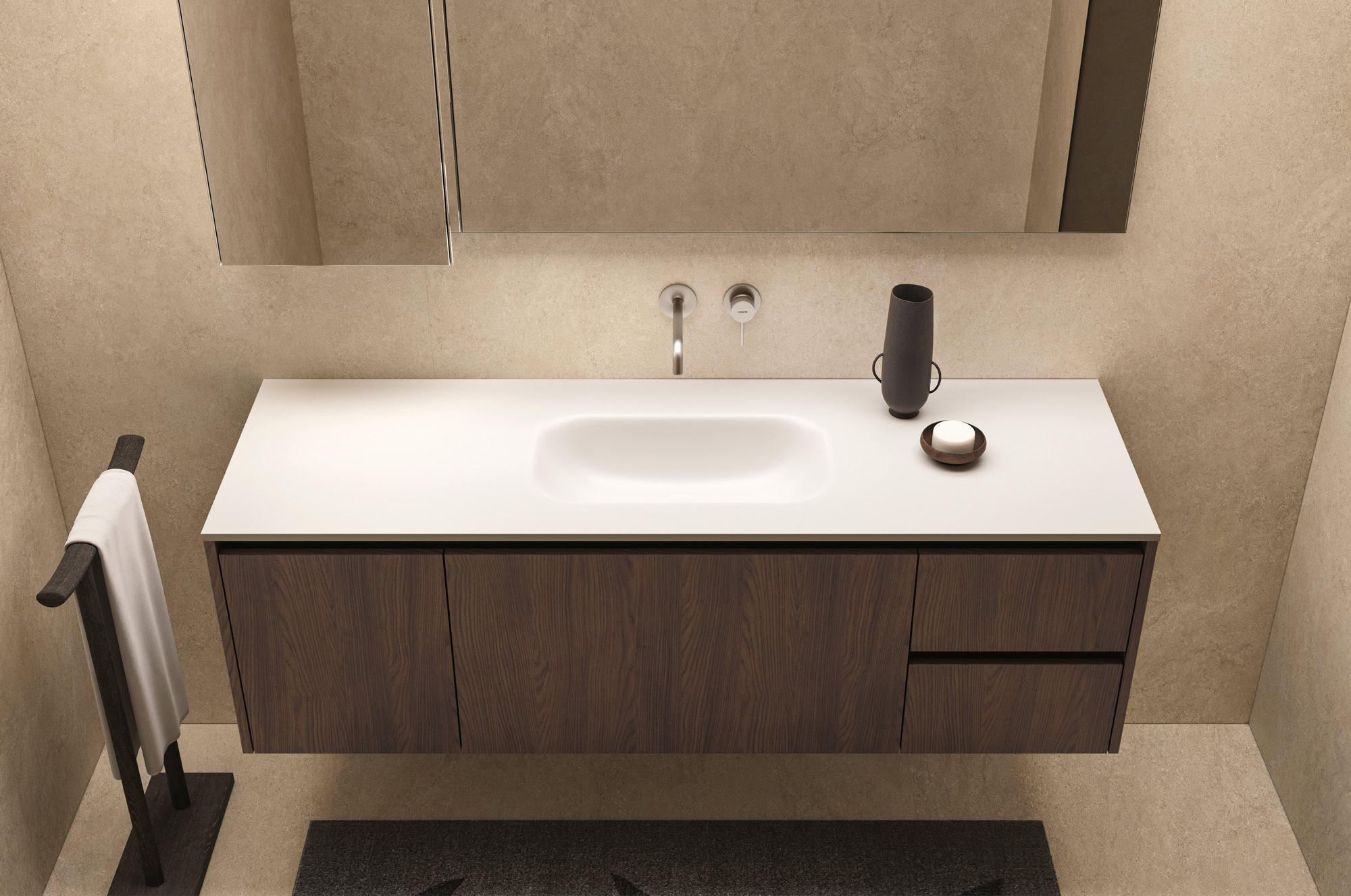 Mobile bagno con lavabo integrato, specchio e accessori eleganti.