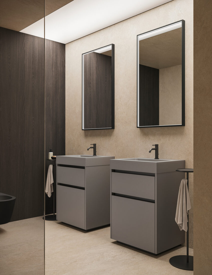 Bagni moderni con doppio lavabo e specchi grandi.