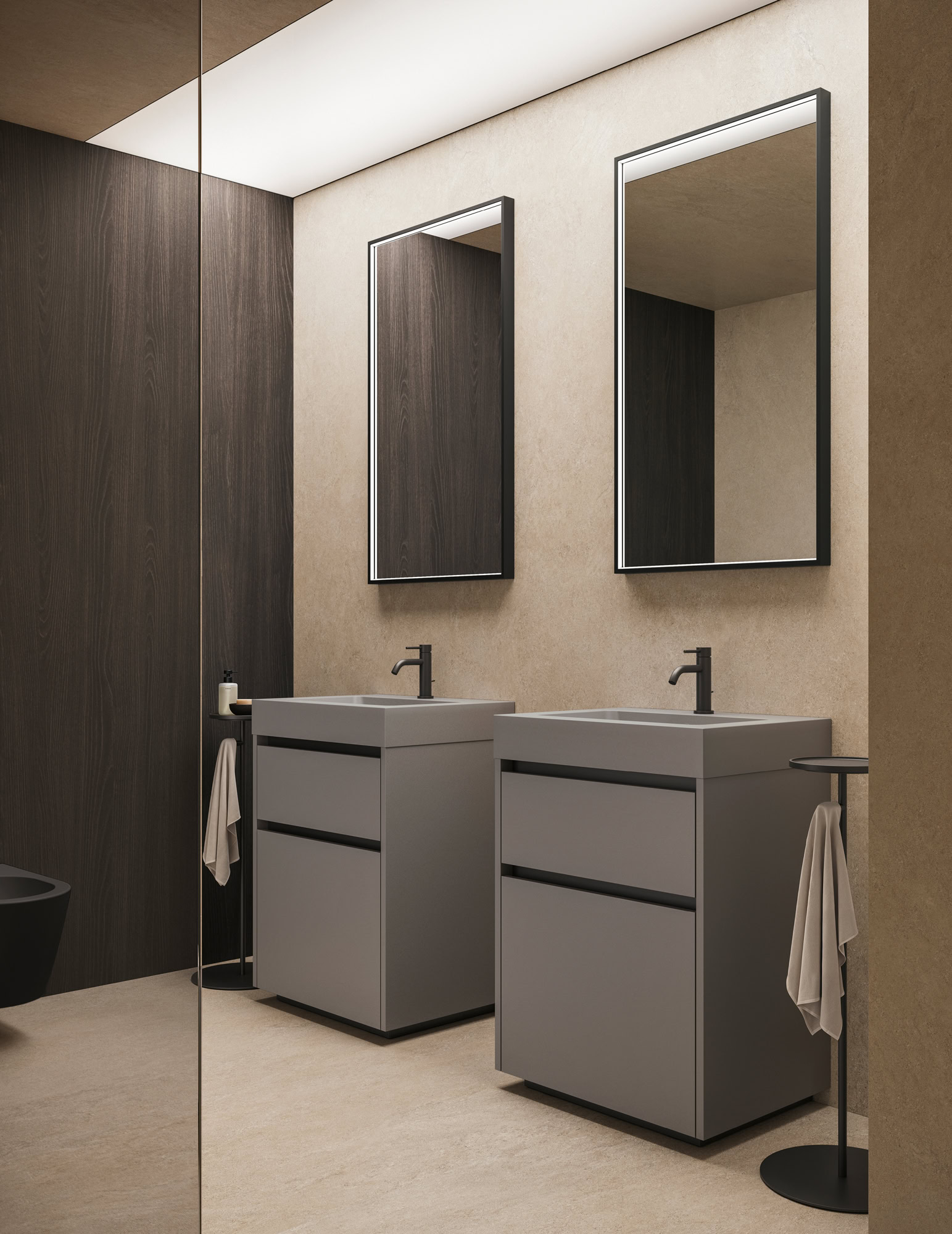 Bagni moderni con doppio lavabo e specchi grandi.