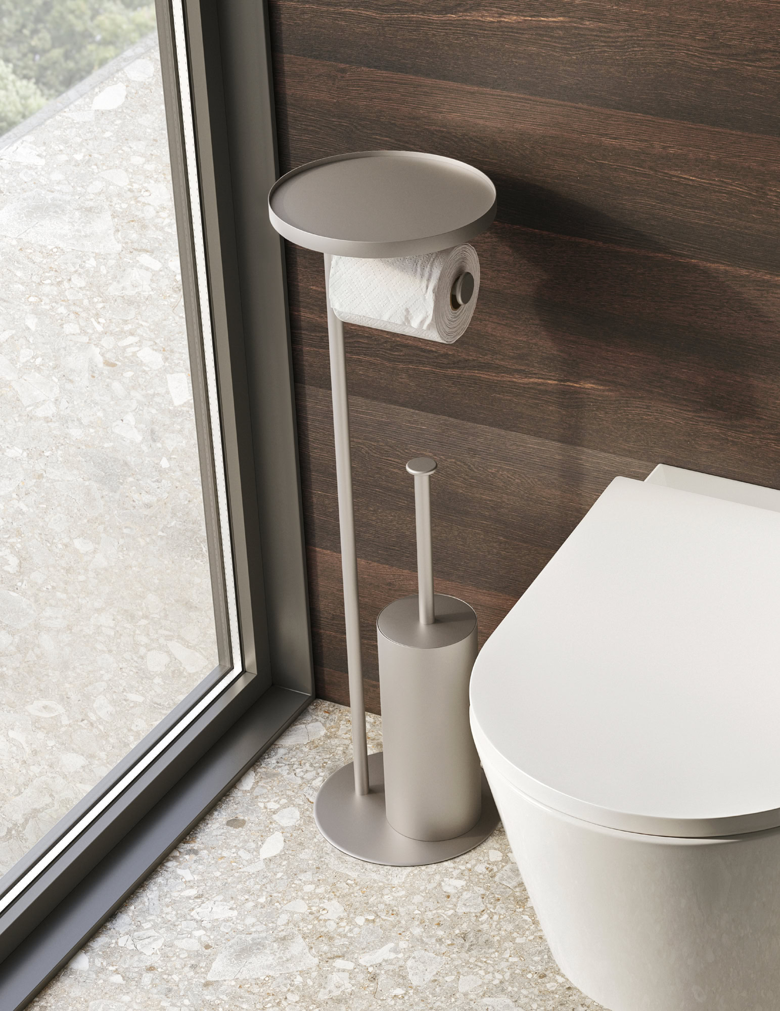 Supporto per carta igienica e porta scopino in bagno moderno.