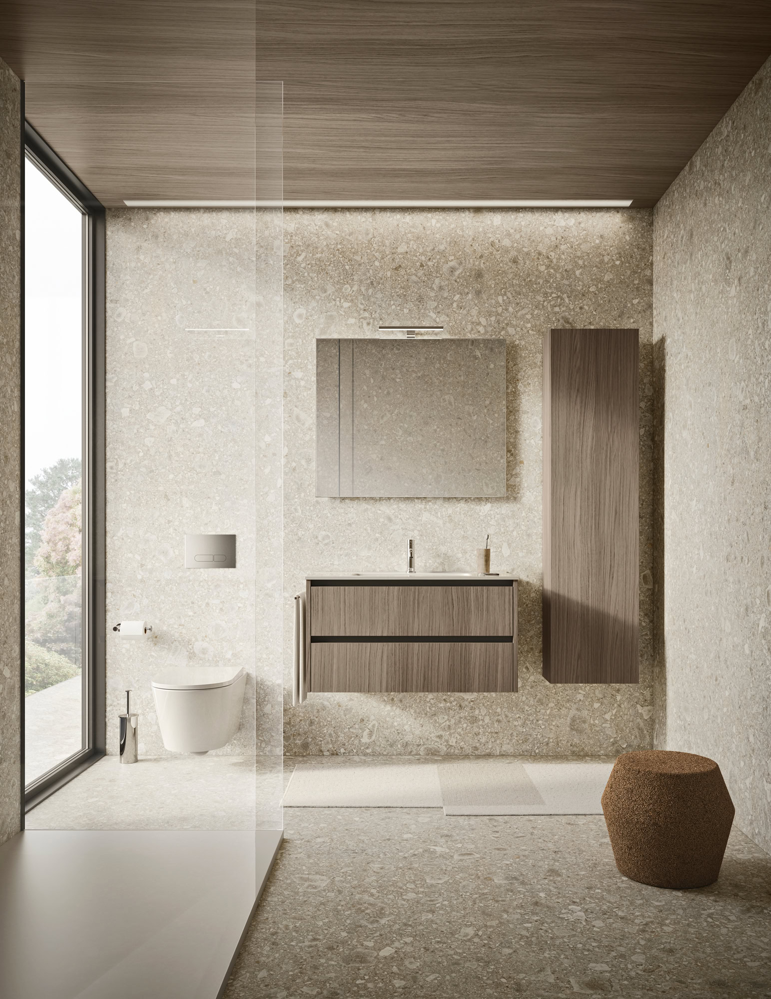 Bagno minimalista con lavabo, specchio e mobili in legno naturale.
