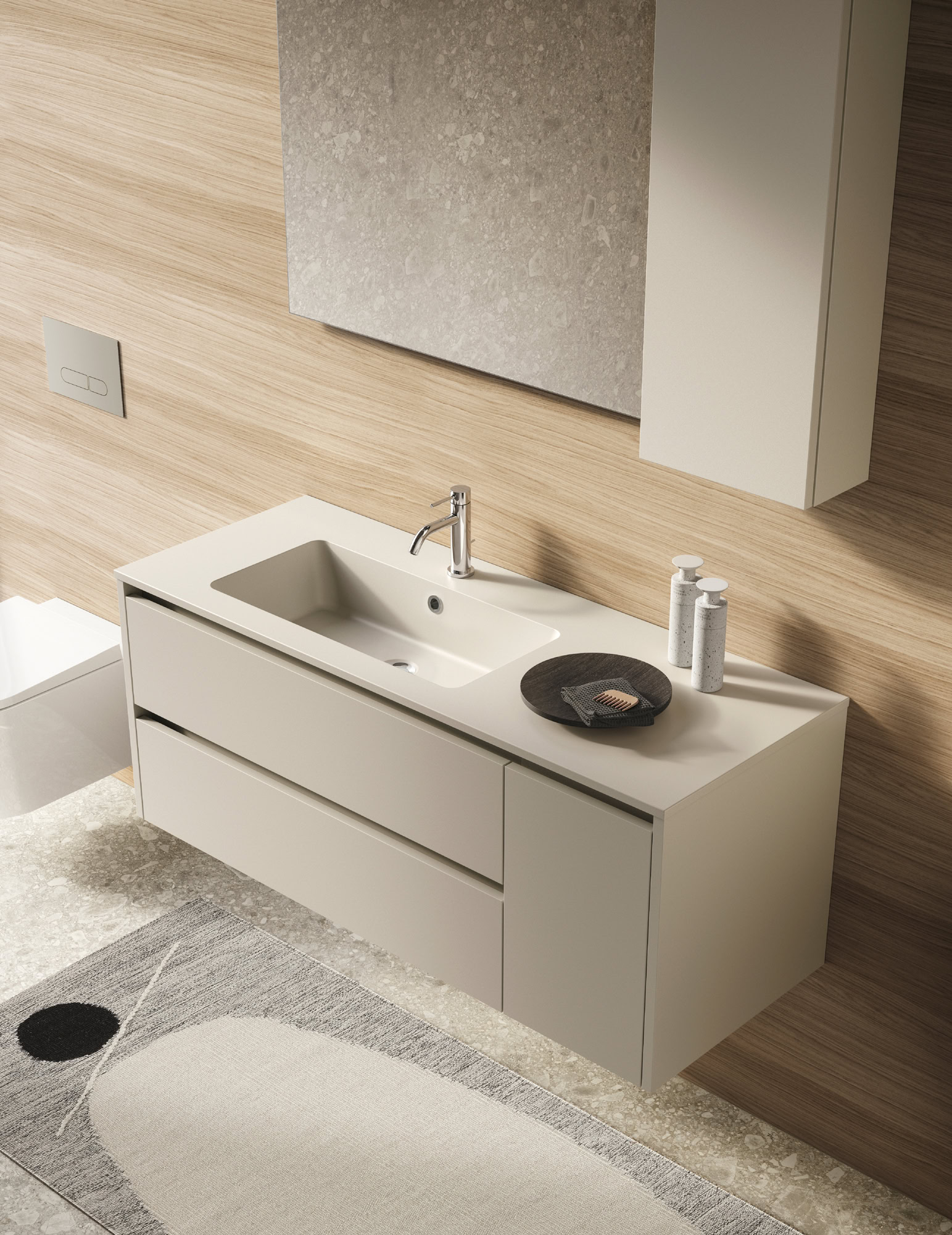 Mobile bagno bianco con lavabo integrato e accessori eleganti.
