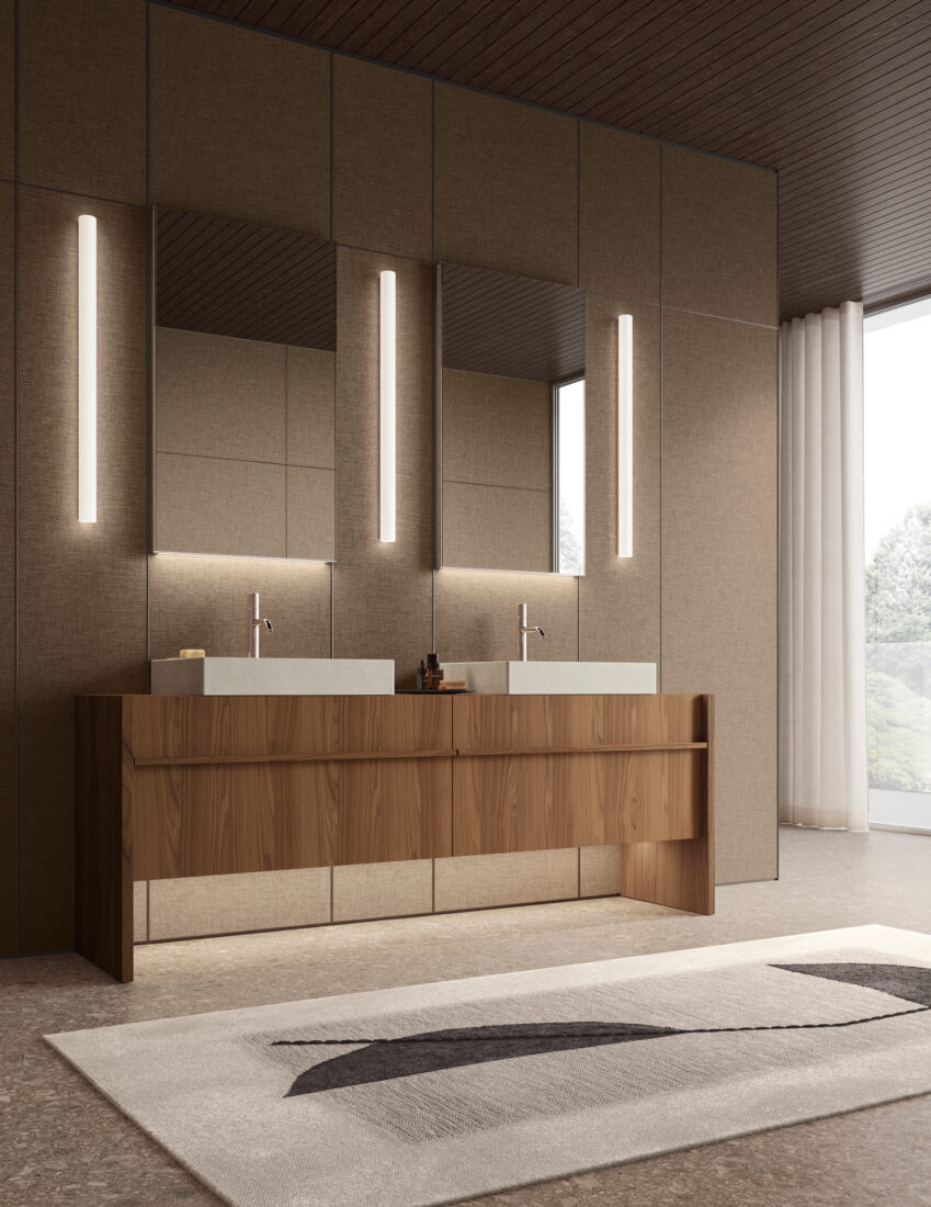 Contemporary bathroom with dual sinks, wooden vanity, and vertical lighting fixtures.