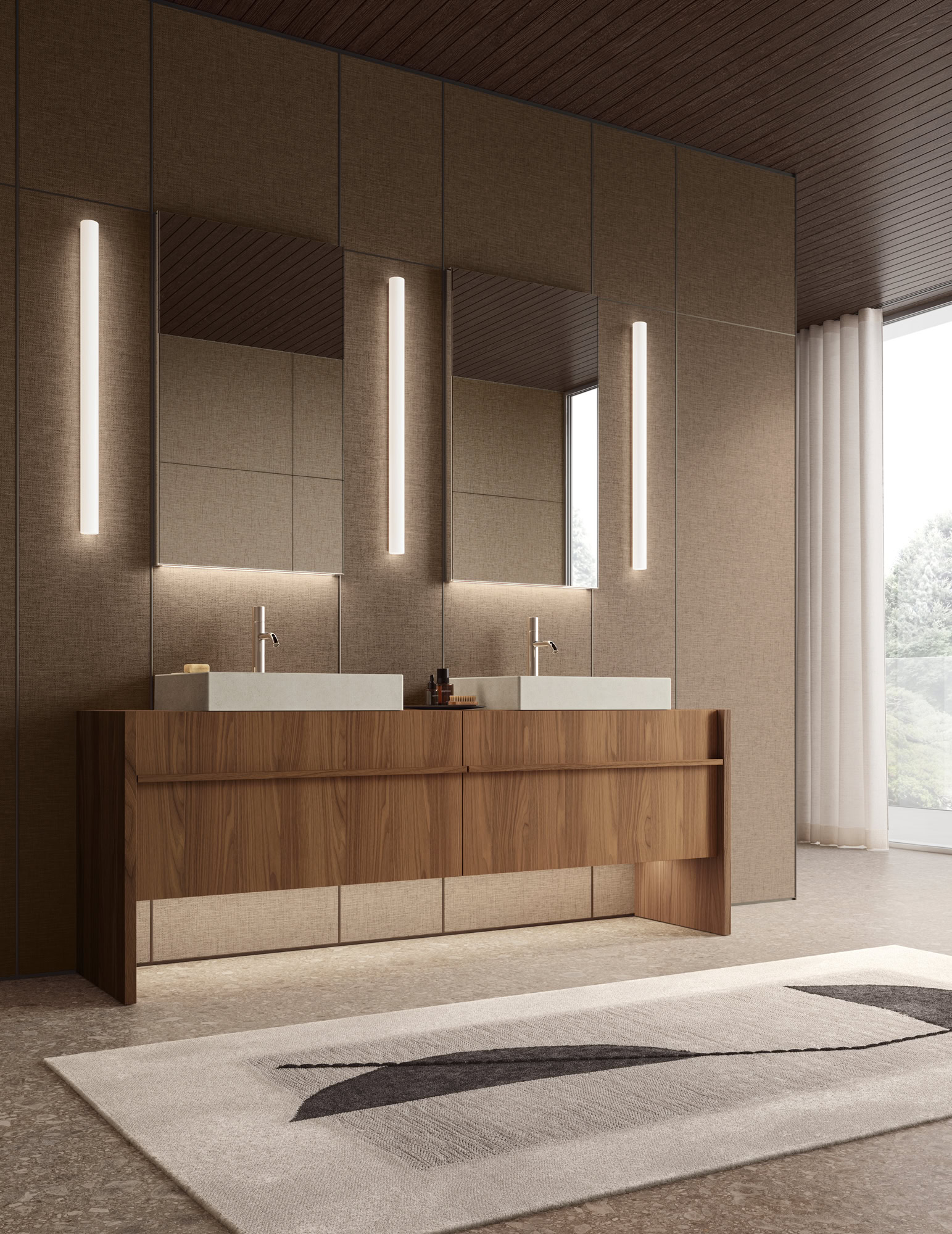 Contemporary bathroom with dual sinks, wooden vanity, and vertical lighting fixtures.