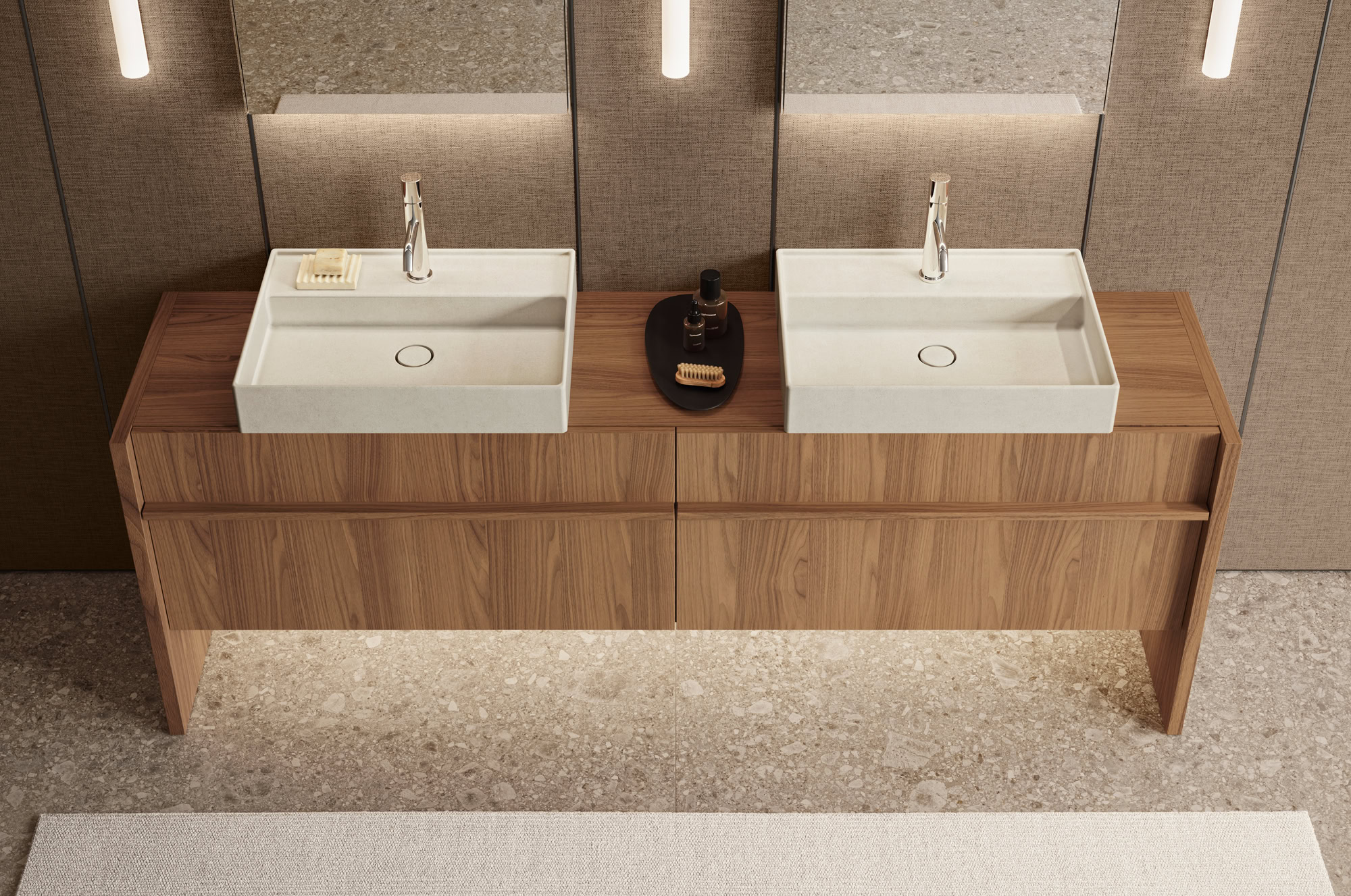 Contemporary double bathroom vanity with two white sinks and wooden cabinet.