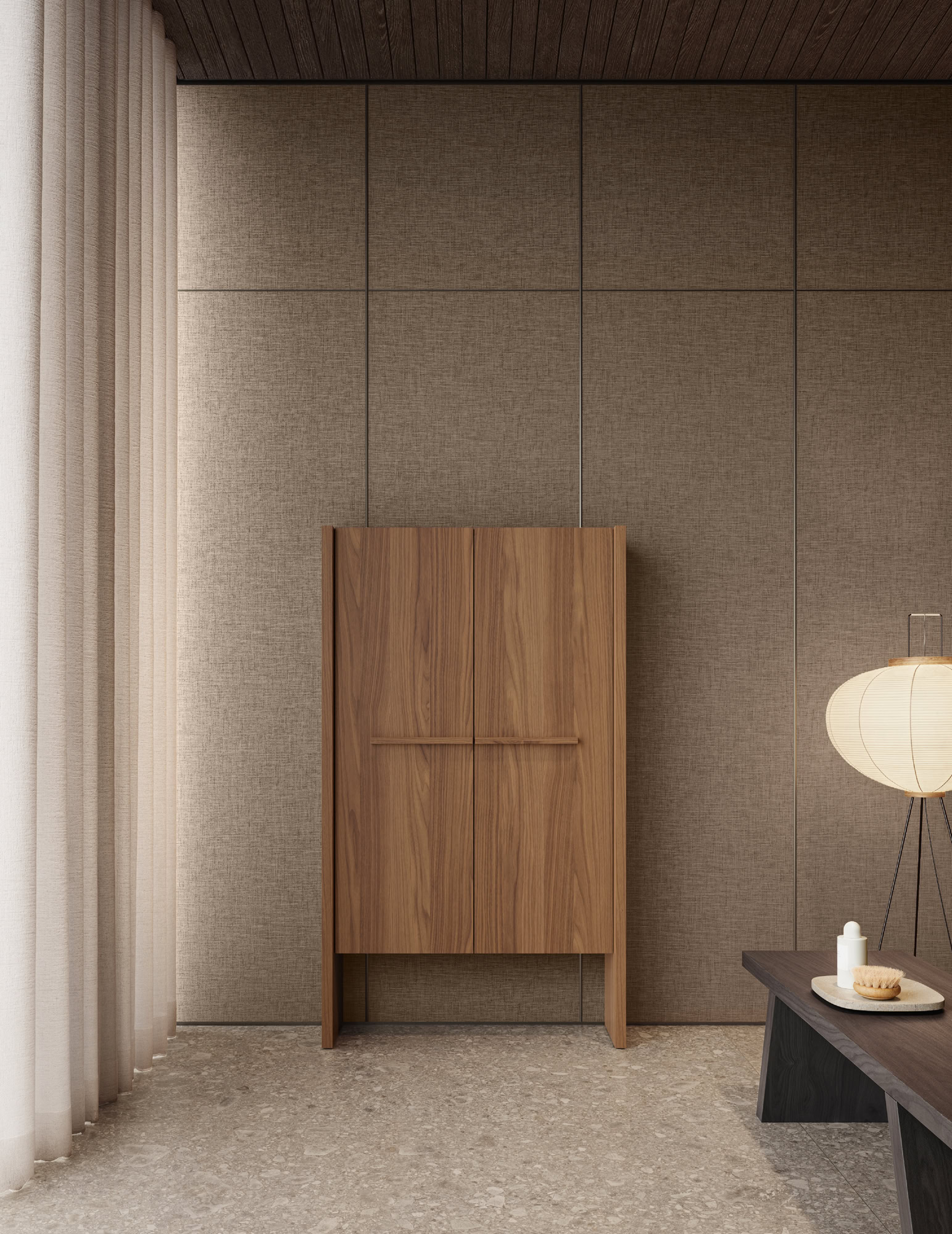 Elegant wooden cabinet in a contemporary living space with soft lighting.