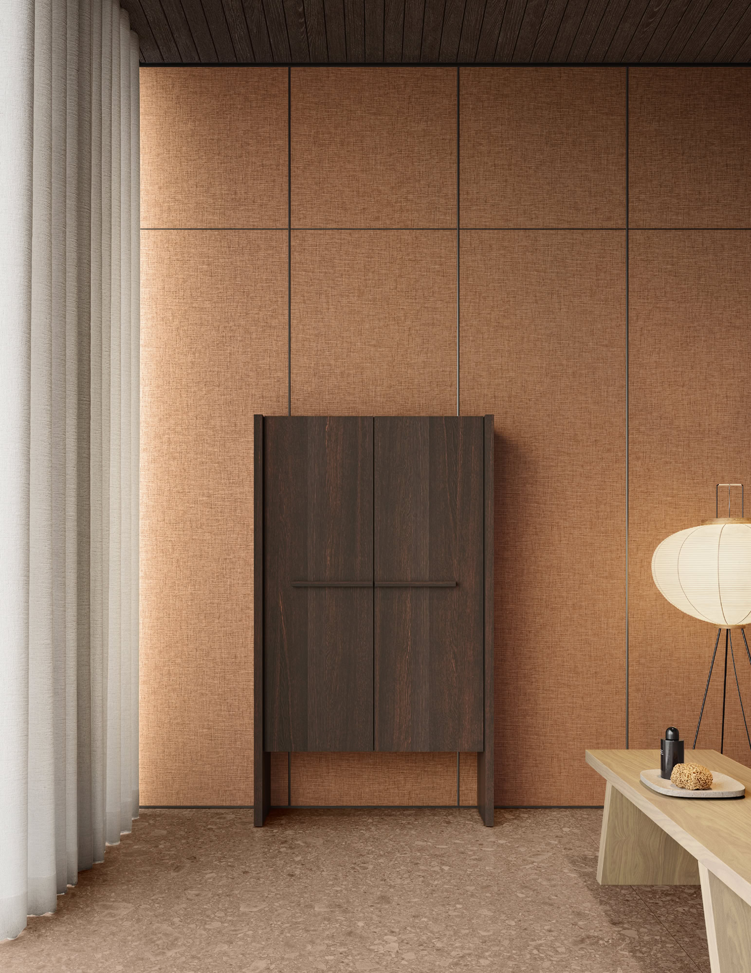 Elegant dark wooden cabinet against beige wall in modern interior design.