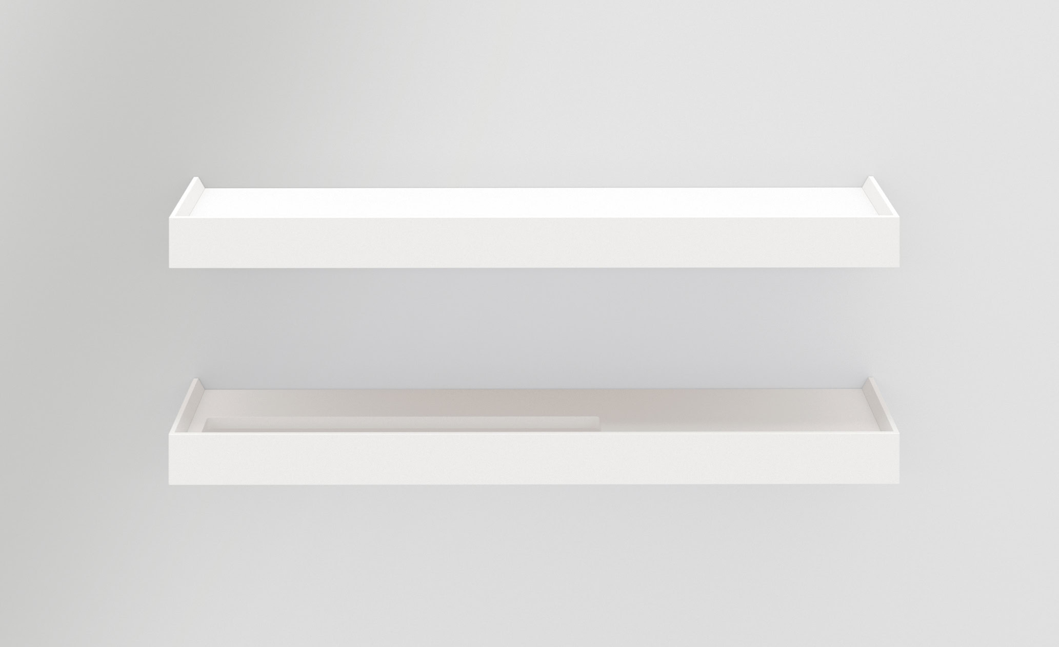 Mensole bianche minimaliste per decorare pareti interne di casa.