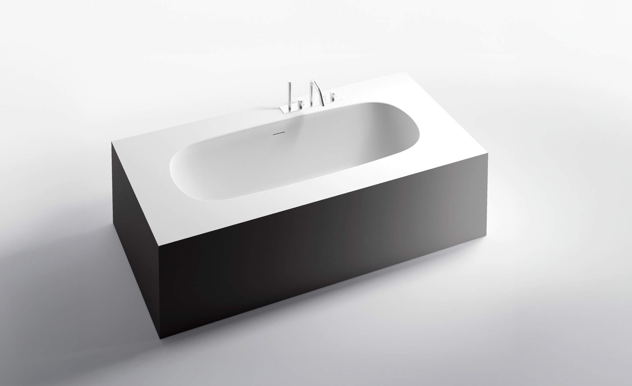 Vasca da bagno rettangolare bianca con pannello nero, design elegante e contemporaneo.