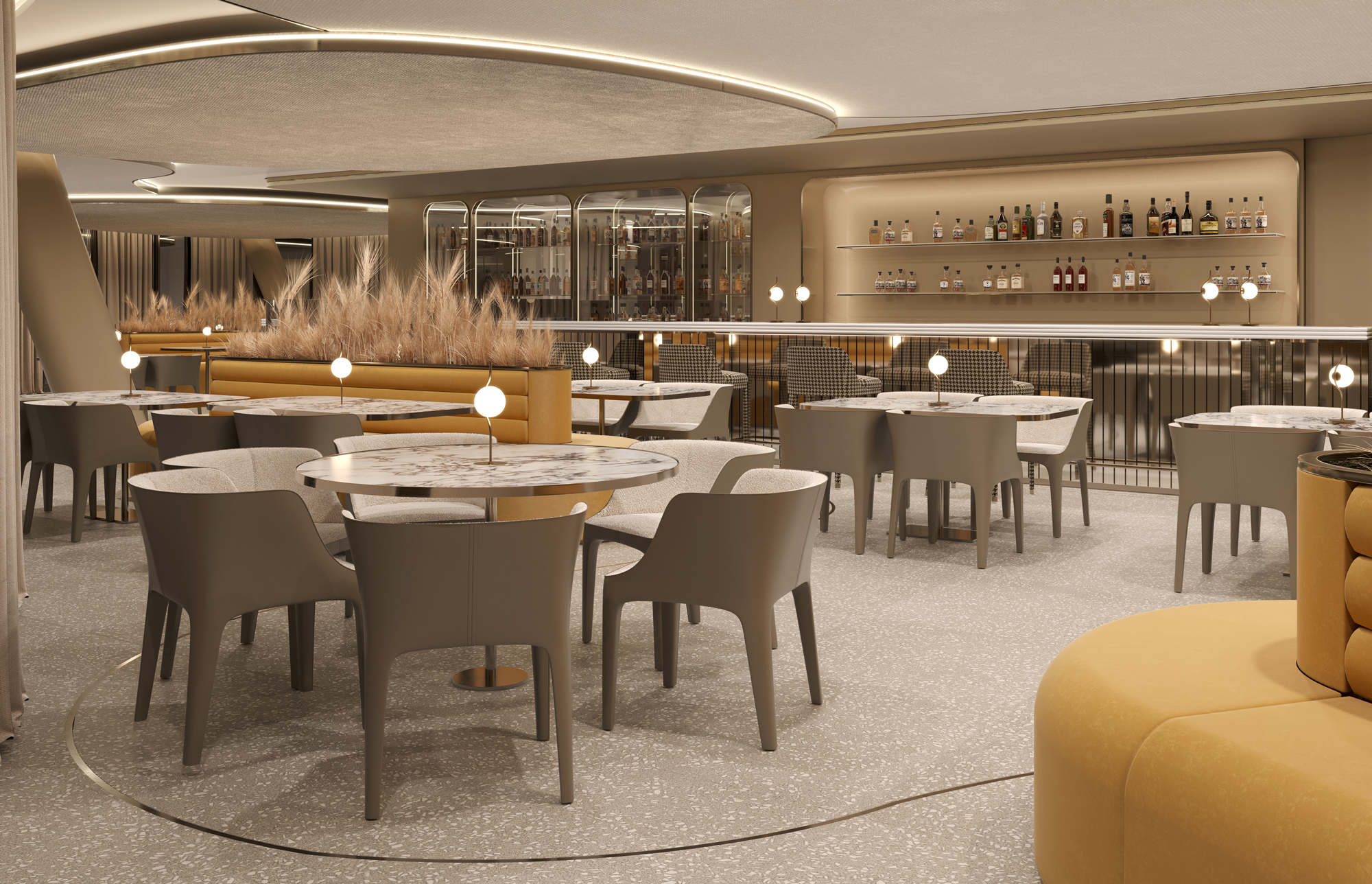 Area lounge moderna con tavoli e sgabelli, bar ben fornito.