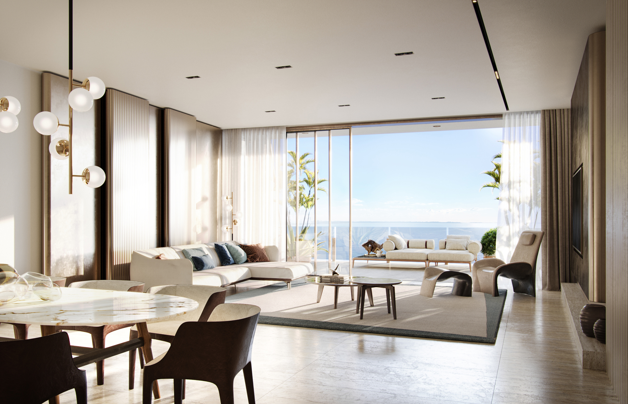 Soggiorno moderno aperto con grandi finestre sul mare e arredamento elegante.
