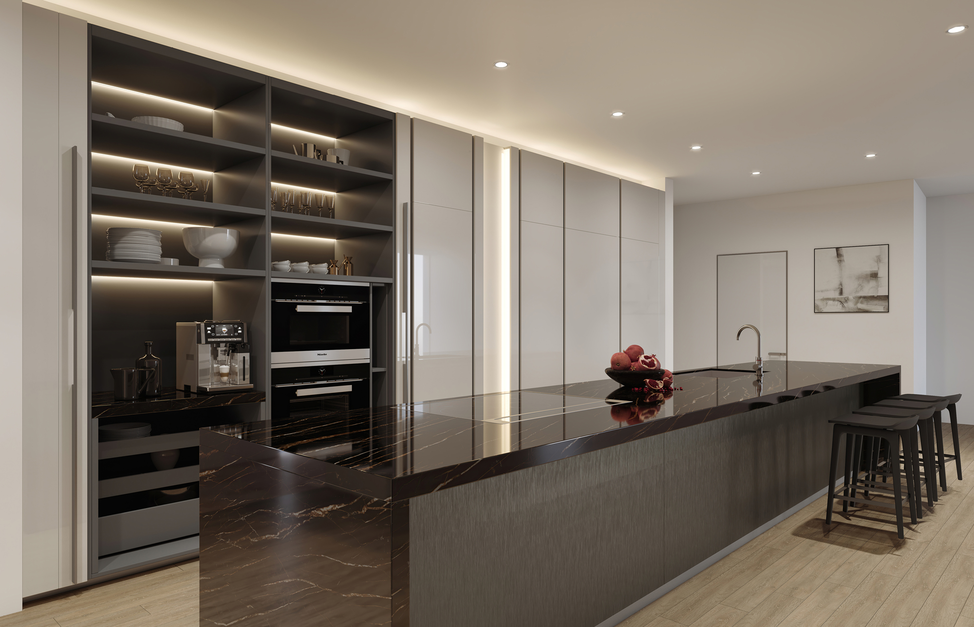 Cucina contemporanea con isola e armadi a colonna, illuminazione integrata.