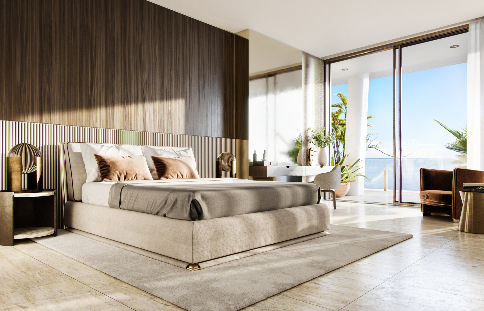 Camera da letto luminosa con vista mare e arredamento contemporaneo.