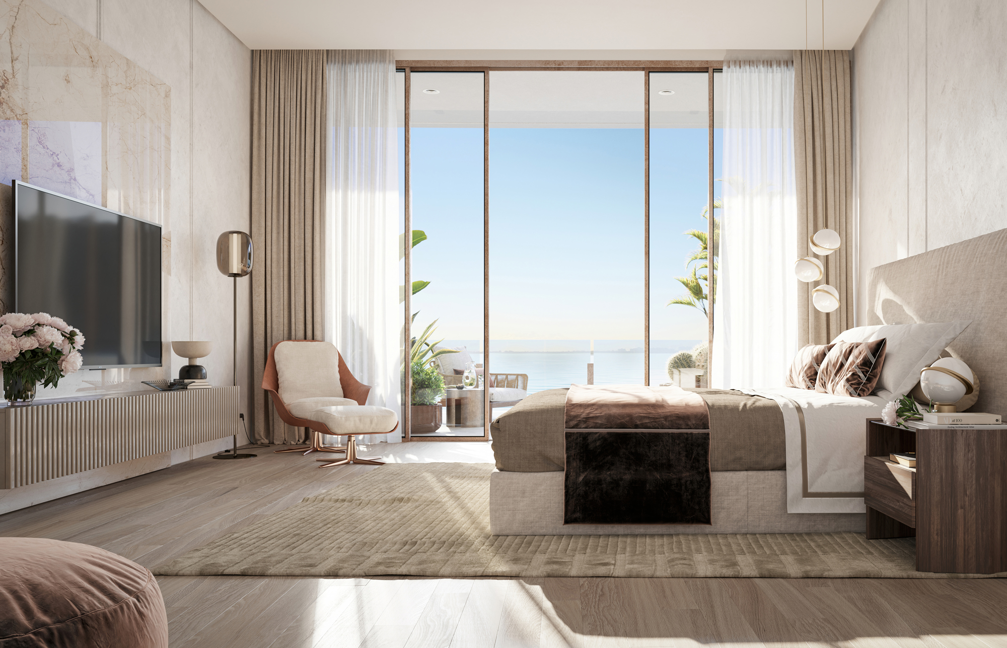 Camera da letto elegante con vista sull'oceano e arredamento moderno.